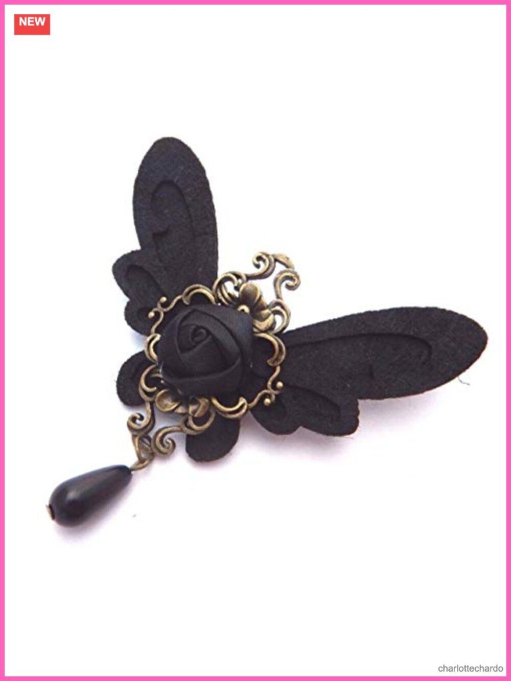 Handmade Felt Fairy Wings Gothic Brooch Pin Bronze Satin Rose Bead